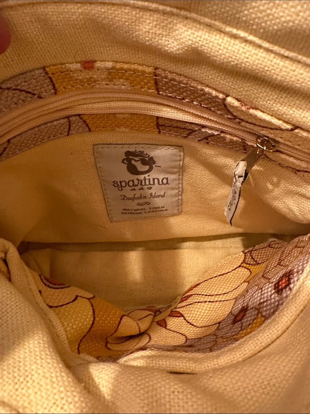 Spartina 449 Yellow Floral Canvas Crossbody Bag with Tan Trim leather and linen